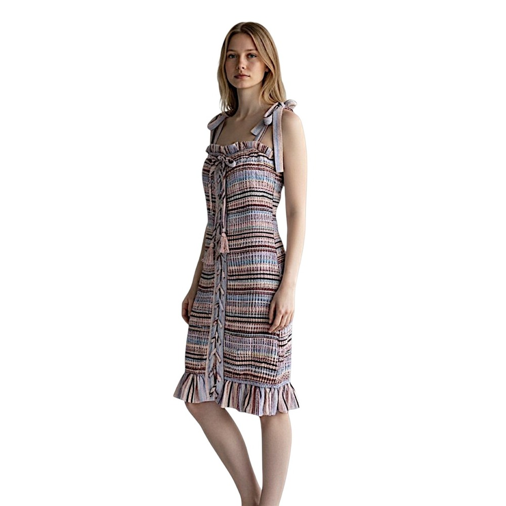 Storia Smocked Mini Dress S Purple Striped Tie Shoulder Boho Fairy Hippie Retro
